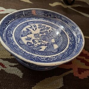 Blue and White Willow Pattern Ceramic Pedestal Bowl